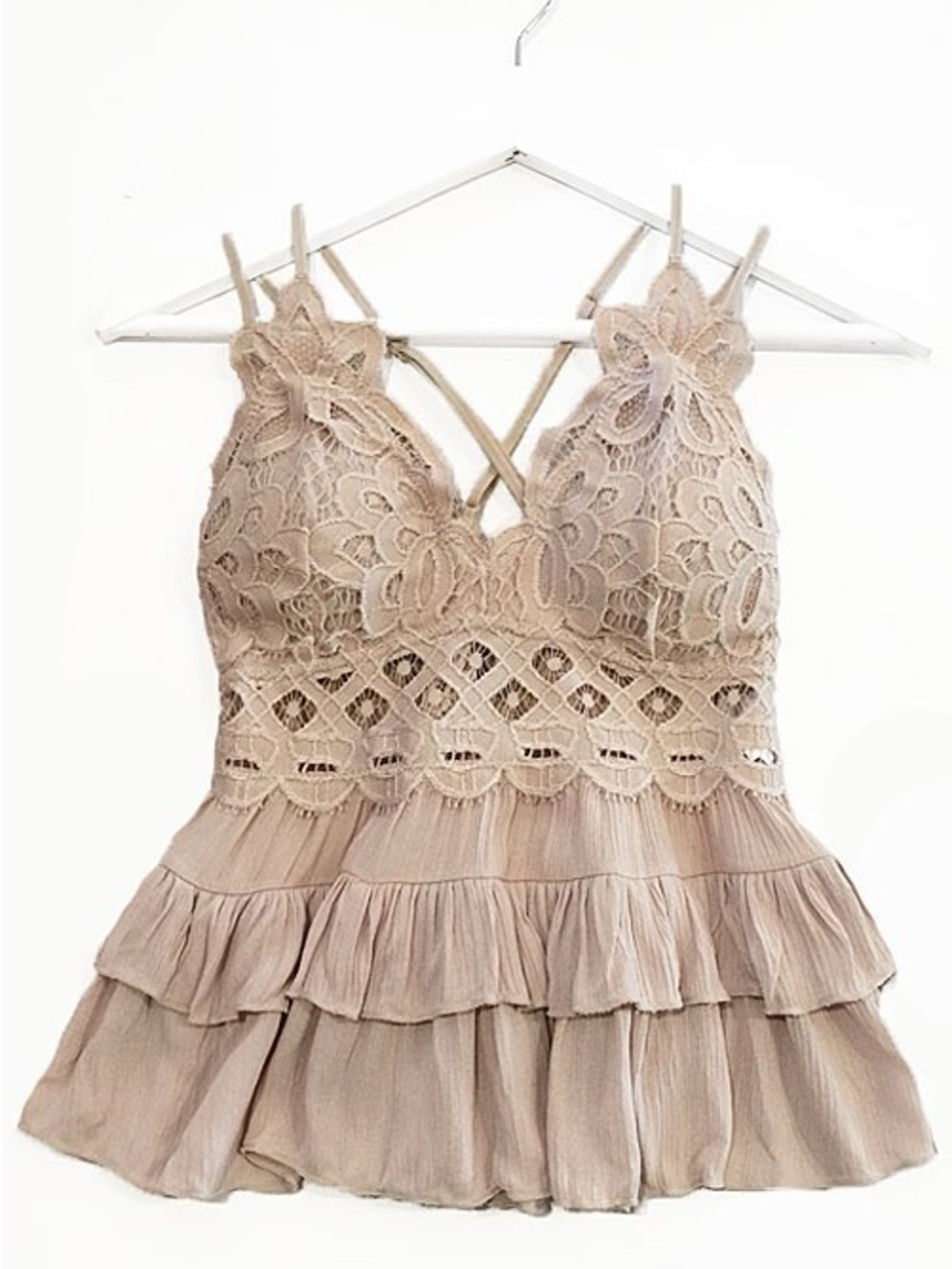 Beige Cami Lace Ruffled Tank Top
